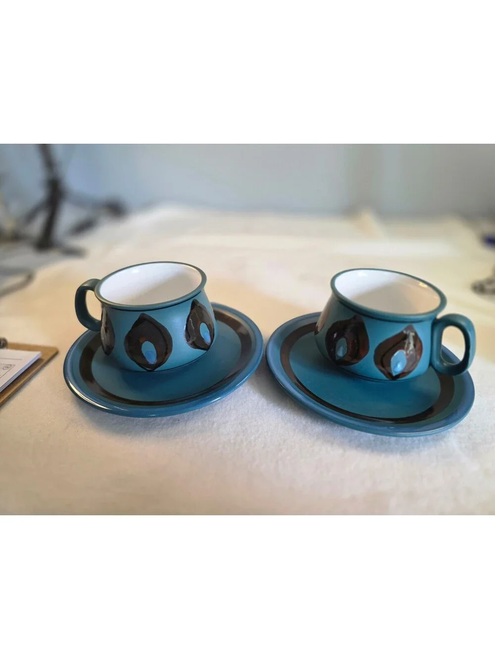 Vintage Jonas Roberts Stoneware Teal Blue Cup Saucer Set of 2 Mid Century